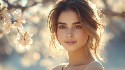 Fototapeta premium Beautiful Young Woman with Blooming Flowers in Spring