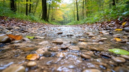 Forest path after rain.  Close-up view of a small stream flowing through a pathway in a lush autumn forest