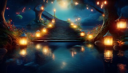 stairs with lights by the lake
