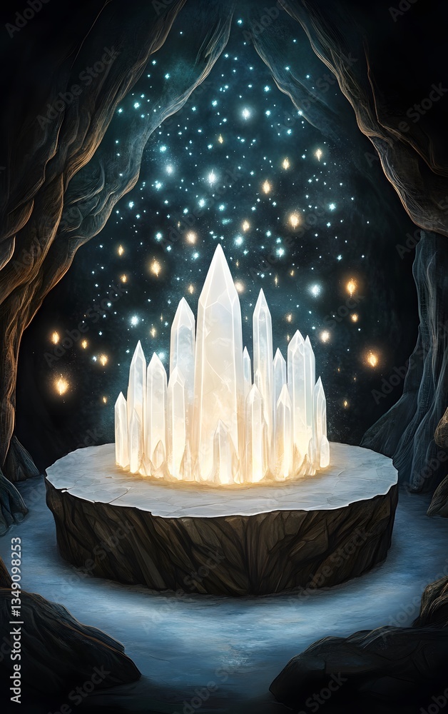 Poster a podium built from shimmering crystals, surrounded by floating pollen-like lights in a hidden cave.