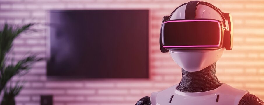 A futuristic robot wearing a VR headset stands in a modern room with a television and plant, showcasing the intersection of technology and design.