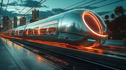 Naklejka premium Futuristic High-Speed Train in Urban Cityscape: Sleek Metallic Transportation with Neon Lighting and Modern Architecture at Twilight