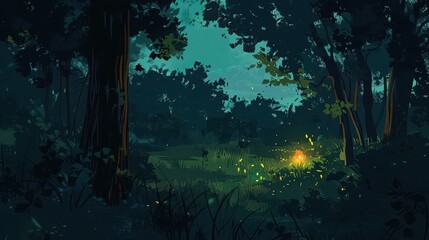 A firefly glowing brightly against a backdrop of dark trees in a dense forest at dusk. 