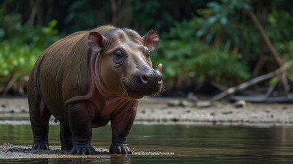 Obraz premium A hippopotamus calf in a lush jungle setting