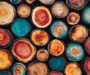 Colorful Wood Slices: An eye-catching arrangement of vibrant, multi-colored wood slices showcases the natural beauty of wood grain and the artistic possibilities of design. 