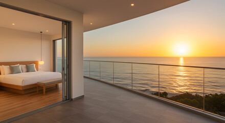 Dreamy Travel Destination &ndash; Bedroom with a Balcony Facing a Stunning Sunset
