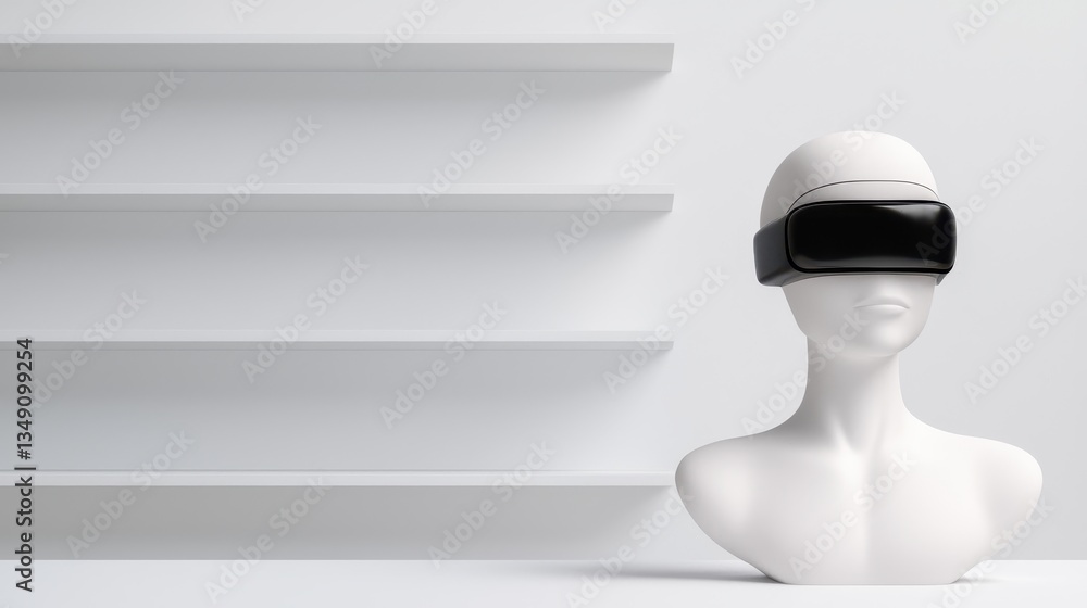 Poster a minimalist display featuring a mannequin with a virtual reality headset against a simple white bac