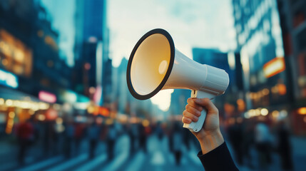 Hand holds a megaphone, communication, digital marketing
