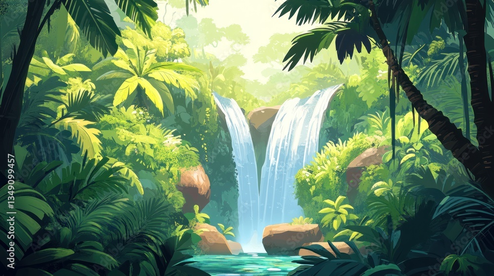Poster Lush jungle waterfall cascading into a tranquil pool, surrounded by vibrant greenery and sunlight.