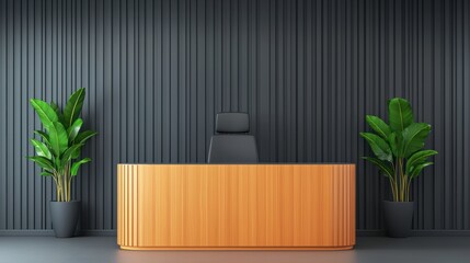 Modern reception desk with plants in a minimalist space