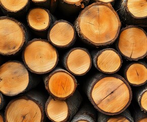Fototapeta premium Stacked Timber: A neat arrangement of freshly cut wooden logs, showcasing the natural textures, and the warm tones of the timber