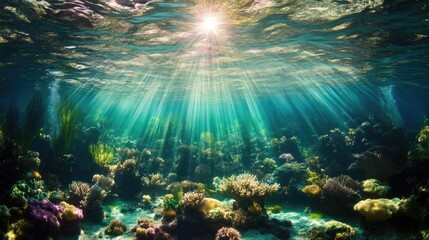 Obraz premium Underwater Coral Reef Illuminated by Sunlight