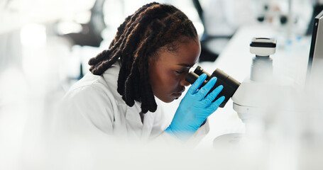 Microscope, scientist and black woman with medical experiment, healthcare innovation or chemistry research. Science, laboratory and microbiology for medicine development, pharma study or dna analysis
