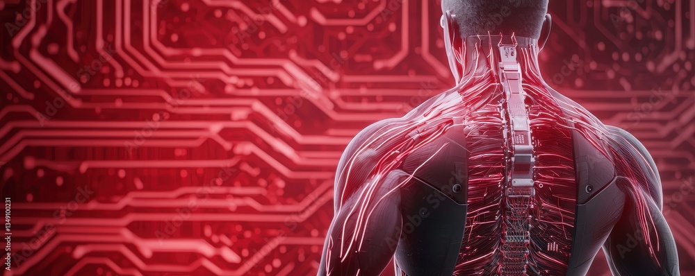 Poster a futuristic depiction of a human figure with circuitry embedded in the back, merging technology wit