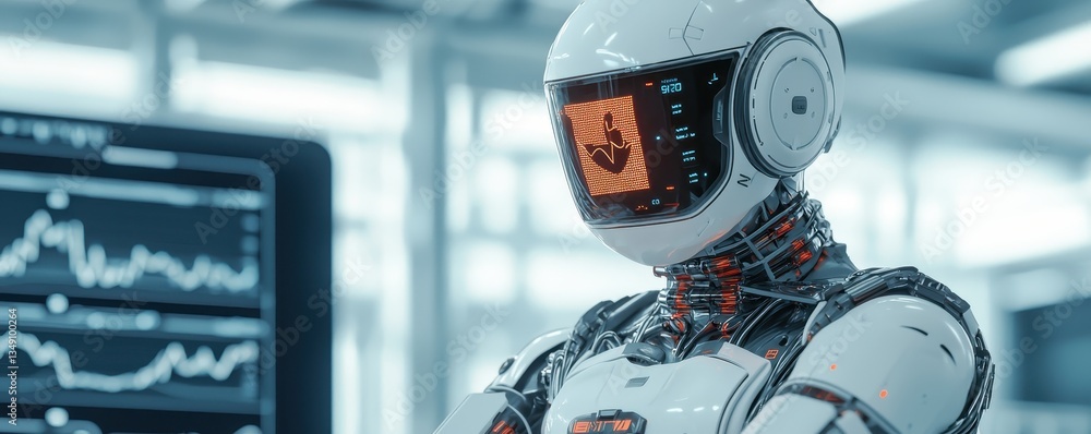 Poster a futuristic robot stands in front of a digital screen, showcasing advanced technology and data anal