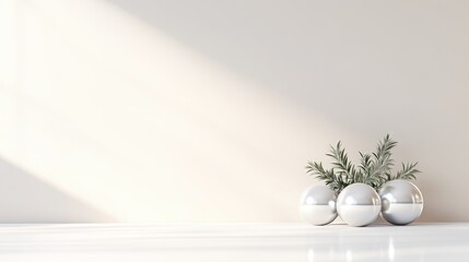 Minimalist, light-filled,  neutral scene with decorative spheres and greenery