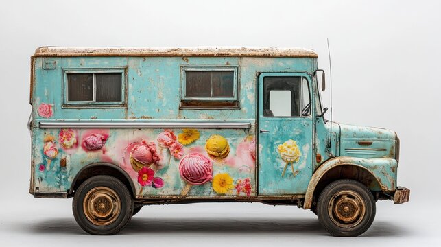 Vintage ice cream truck, side view, studio shot, colorful design
