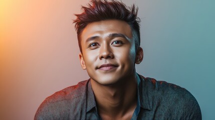 Fototapeta premium Confident Asian Man Portrait with Warm Lighting