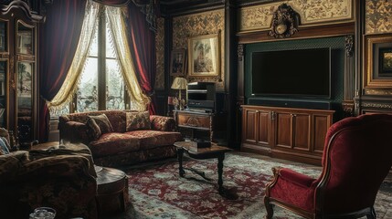 Luxurious antique living room with ornate furniture, large screen TV, and rich fabrics.