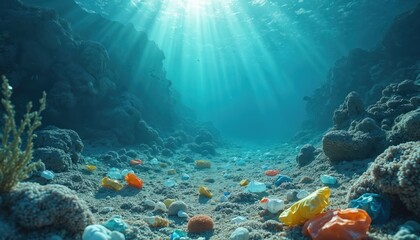 Fototapeta premium Underwater scene showing scattered plastic rubbish on seabed, environmental issue of water pollution, threat to marine life. Sun rays penetrate water, eco concept, water pollution threat.