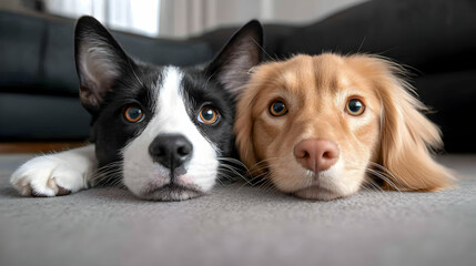 Black and White Dog and Golden Dog Resting Together on Grey Carpet