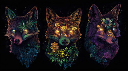 Naklejka premium Three mystical foxes adorned with glowing floral tattoos and luminous patterns gaze intensely against a black backdrop The sticker-style artwork features vivid colors, high-contrast shading, and hyper