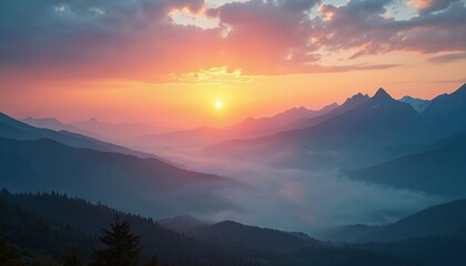 Mountain landscape at sunrise with misty valleys, vibrant colors. Dramatic atmospheric natural scenery. Majestic view of mountain range, sun, fog, peaks. Scenic nature background for travel, vacation