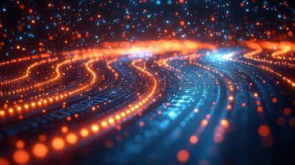 Abstract Digital Data Stream Glowing Orange And Blue Lines On Black Background