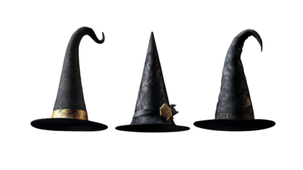 three different black witch hats in a row. isolated on transparent background	