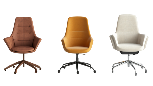 three office chairs in different colors isolated on transparent background	