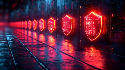 Neon shield security in futuristic corridor