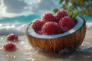 Juicy raspberries in a coconut shell, ocean backdrop. Perfect for summer, tropical, and healthy food themes.