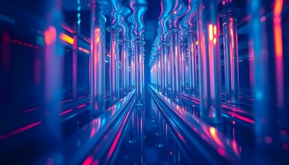 an abstract image of a hallway with blue and pink lights