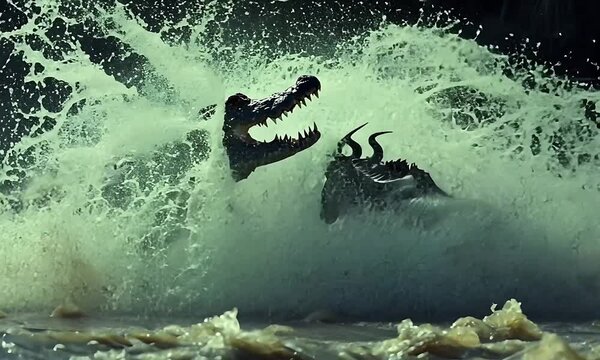 A fearsome crocodile lunges towards a wildebeest in the churning waters of a river.