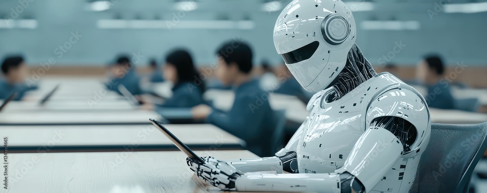 Poster a futuristic scene featuring a humanoid robot using a device while people work in the background, sy