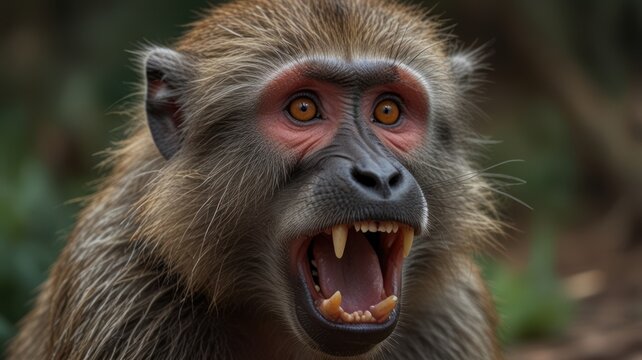 Close-up of a monkey with open mouth, showing teeth.  The monkey's expression is aggressive or startled.  Natural lighting highlights the details of its face and fur