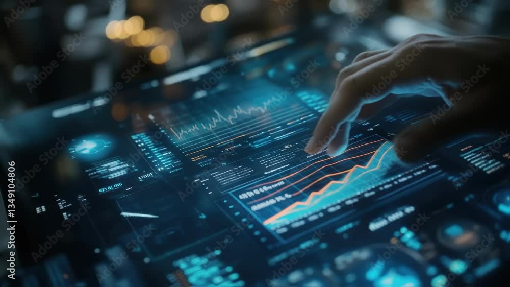 Poster businessman interacting with a touchscreen, analyzing financial data through holographic graphs and 