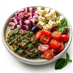 Divided Bowl of Fresh Mediterranean Salad Ingredients on White Background