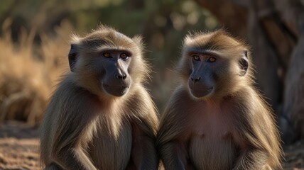 Fototapeta premium Two baboons facing forward, side-by-side in nature. Close-up portrait