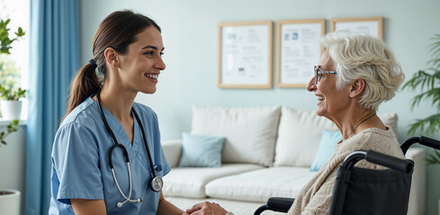 Obraz premium Face, happy or doctor with old woman In wheelchair or consultation for healthcare in hospital clinic.