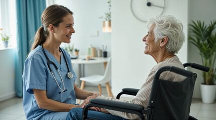 Face, happy or doctor with old woman In wheelchair or consultation for healthcare in hospital clinic.