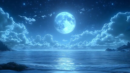 Full moon over tranquil ocean at night.