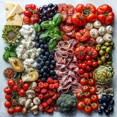 High-Angle Flat Lay of Diverse Gourmet Food Ingredients on White Background