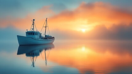 Tranquil Boat Floating on Calm Water at Sunset with Vibrant Colors Casting a Peaceful Atmosphere