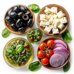 Overhead View of Mediterranean Salad Ingredients in Bowls on White Background