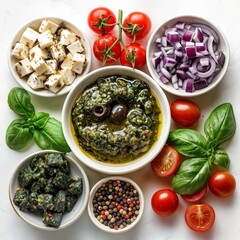 Fresh Mediterranean Salad Ingredients in White Bowls on White Surface, Top View