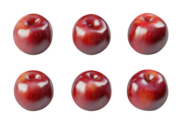Six red plums arranged in two rows of three against a stark isolated on white background.