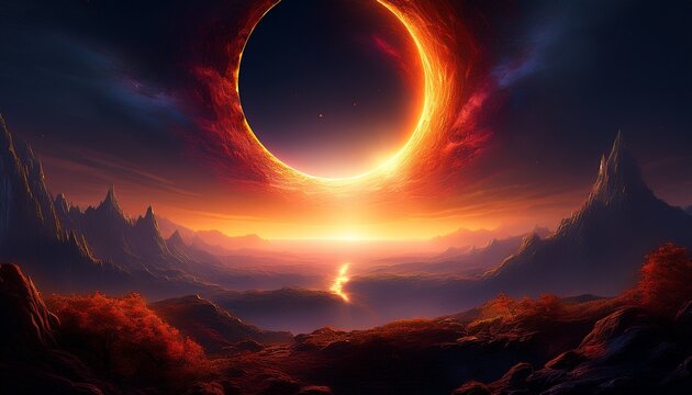 Fantasy realm where an eclipse opens a rift between dimensions, revealing an alternate reality, epic cosmic portal scene, surreal fantasy illustration