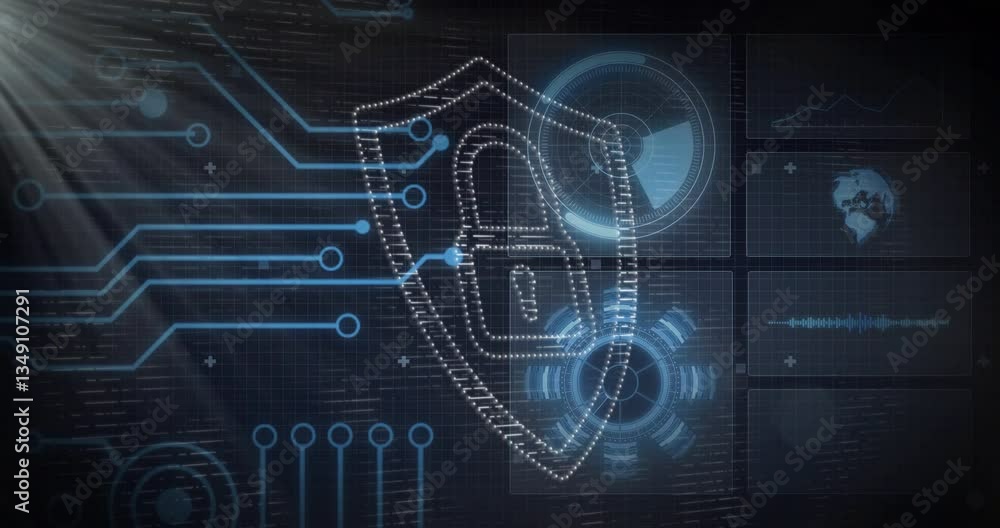 Poster Animation of digital security shield with circuit lines over data interface