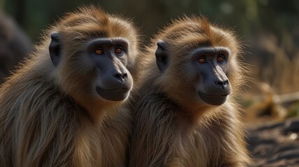 Obraz premium Two baboons, close-up portrait, alert gazes, natural habitat, sunlight filtering through trees